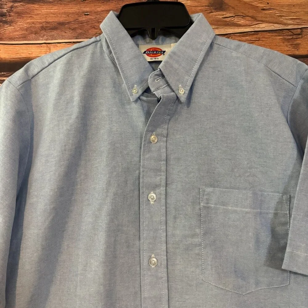 Dickies Casual Button-Down Shirt Men's Blue 16-16.5 L Cotton Blend Short Sleeve